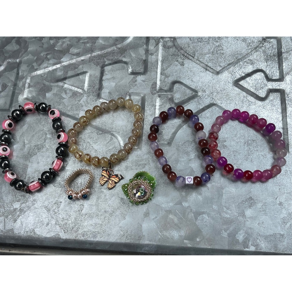 Handmade Beaded Jewelry Set 4 Stretch Bracelets 2 Woven Rings Butterfly Evil Eye